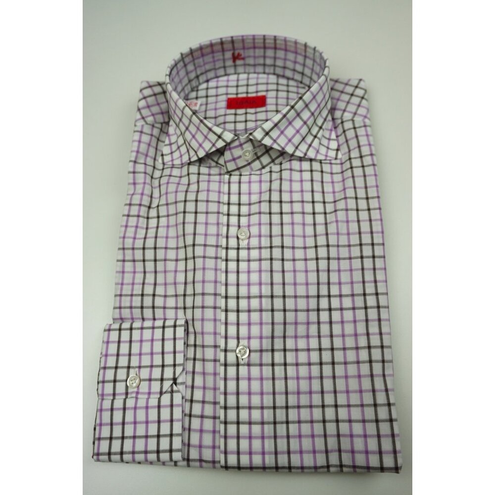 Isaia White Fuscia Brown Plaid Long Sleeve Cotton Dress Shirt 15.5/39 NEW